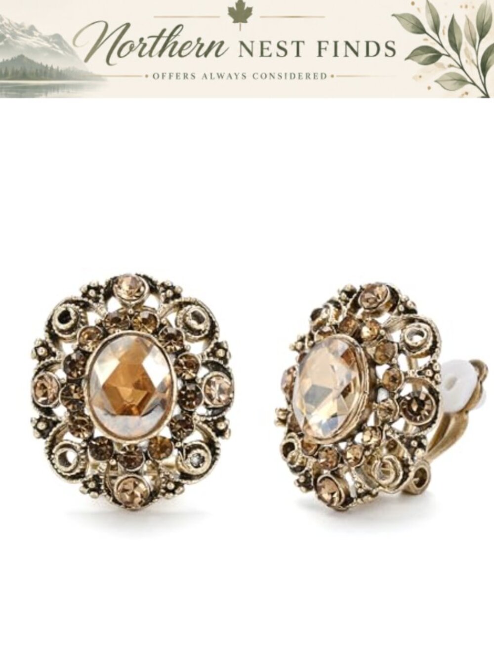Victorian Rhinestone Crystal Clip-On Earrings Gold-Tone